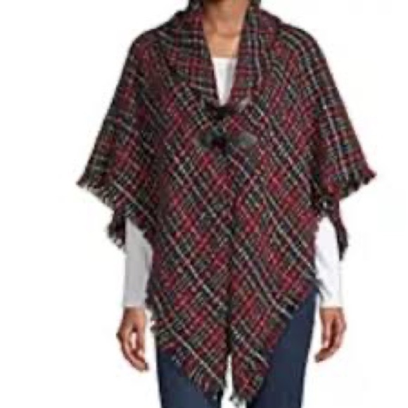 St. John’s Bay Plaid Fringe Toggle Button Poncho One Size - Picture 1 of 6